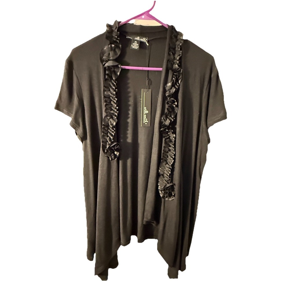 Willi Smith Cardigan Womens XL Black Open Front Ruffle Trim Stretch NWT Made USA